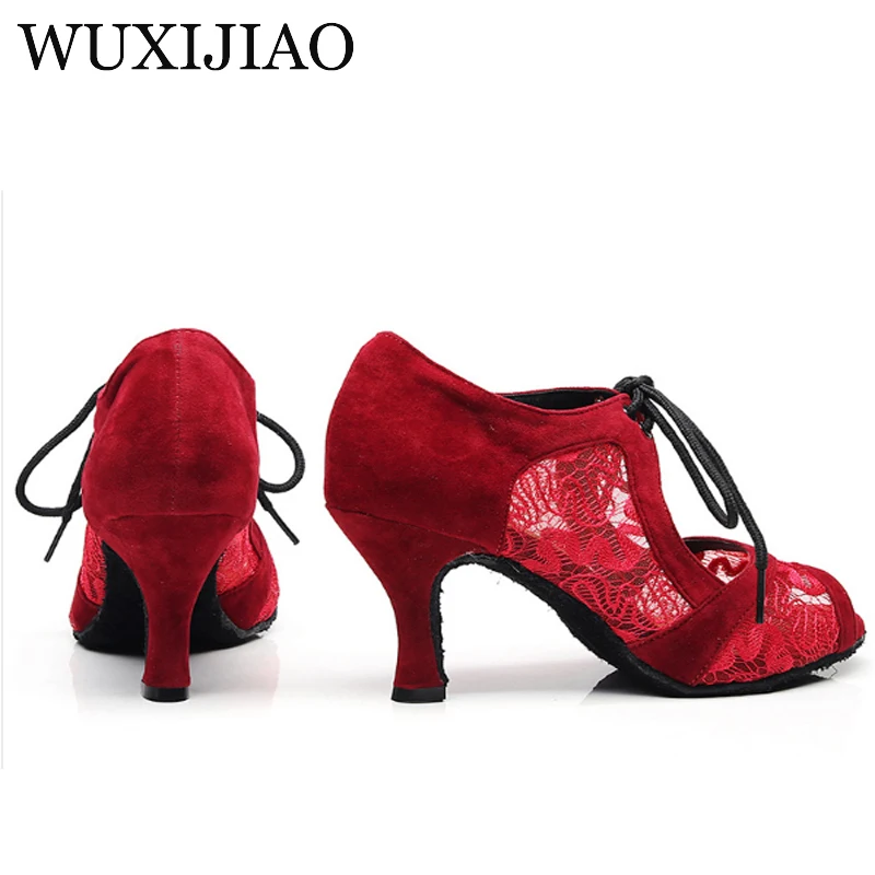 WUXIJIAO Lace Latin Dance Shoes Red and Black For Woman Ballroom Dancing Shoes Salsa Performance Dance Shoes heel 8.5/10cm
