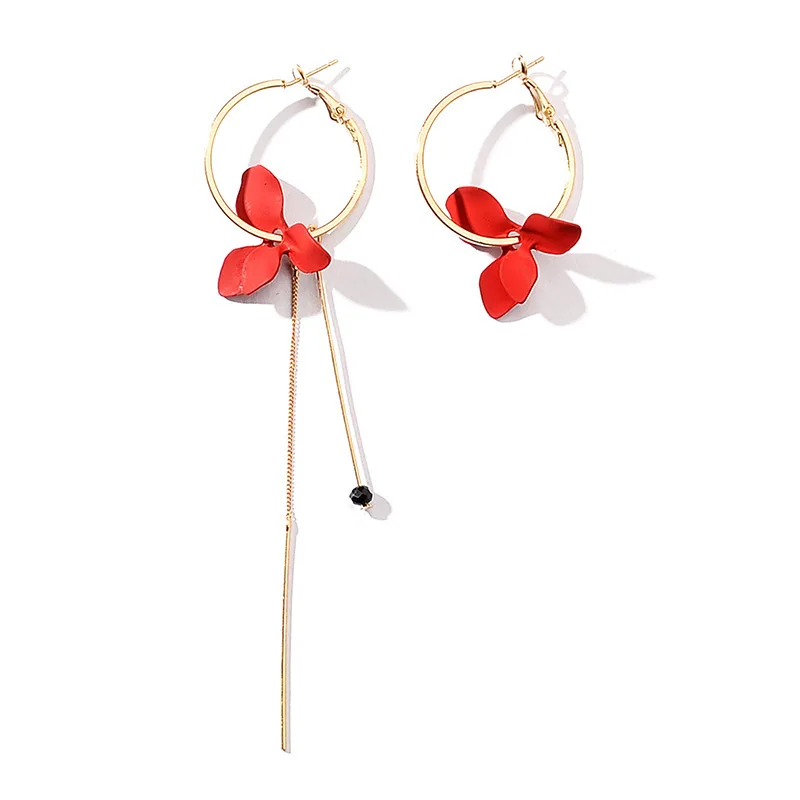 Red Black White Green Flower Golden Hoop Black Crystal Chain Stick Tassel Asymmetrical Drop Earrings Dangle Earrings for Women