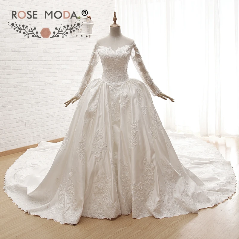 Rose Moda Real Photos Luxury Long Sleeves Wedding Ball Gown with 3M Royal Train Heart Shape Back Custom Make