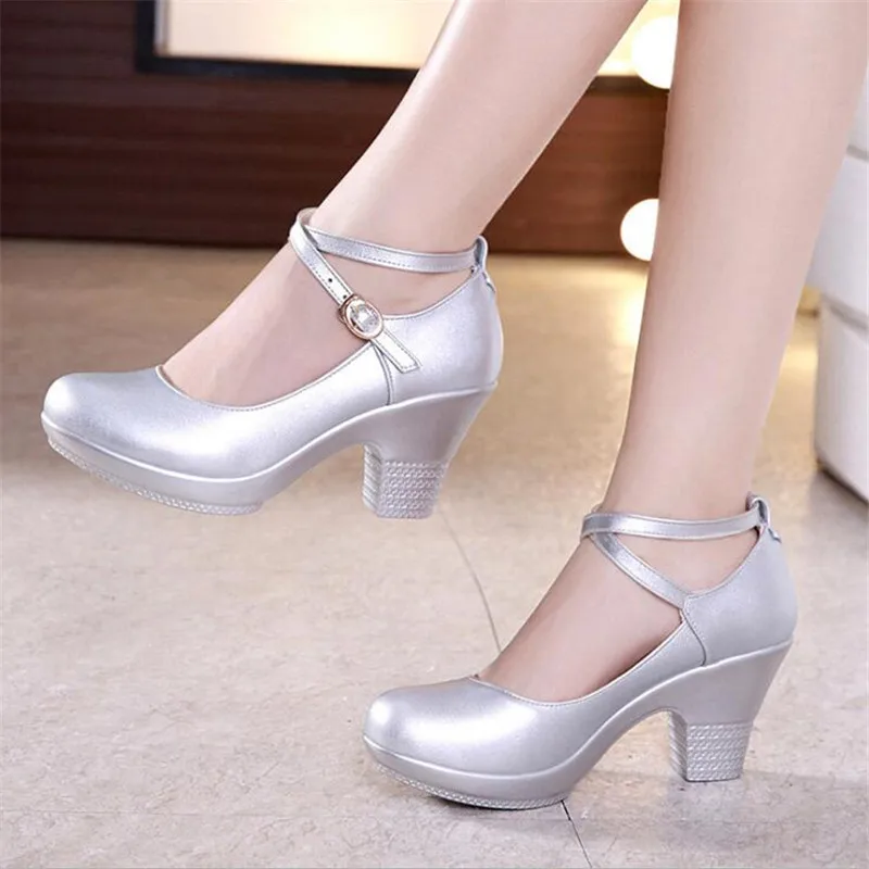 Black shallow mouth women's 7CM high heels thick with Genuine Leather Outdoor Female dancing shoes comfortable work shoes