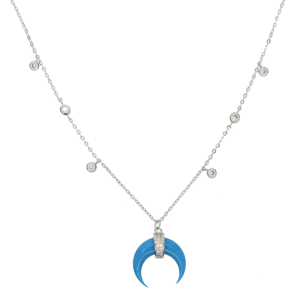 New Arrival Rose Gold Silver Color Blue Turquoises Howlite Blue Stone Crescent moon Horn trendy Necklace For Woman Boho Jewelry