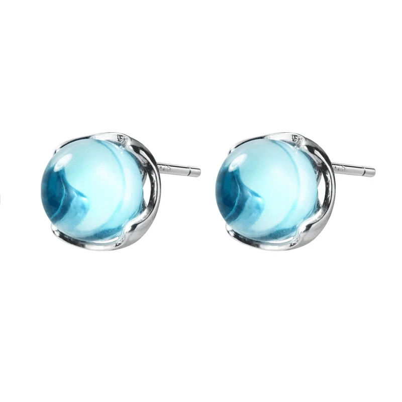 MloveAcc Real 100% 925 Sterling Silver Stud Earrings for Women Fashion Blue Crystal Bubble Ear Stud