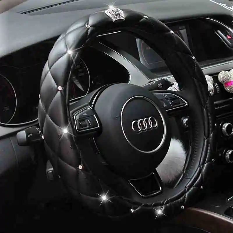 Bling Rhinestone Car Steering Wheel Cover Leather Crown Auto Steering-Covers Handle Cases Diamond For Women Girls Styling Gadget