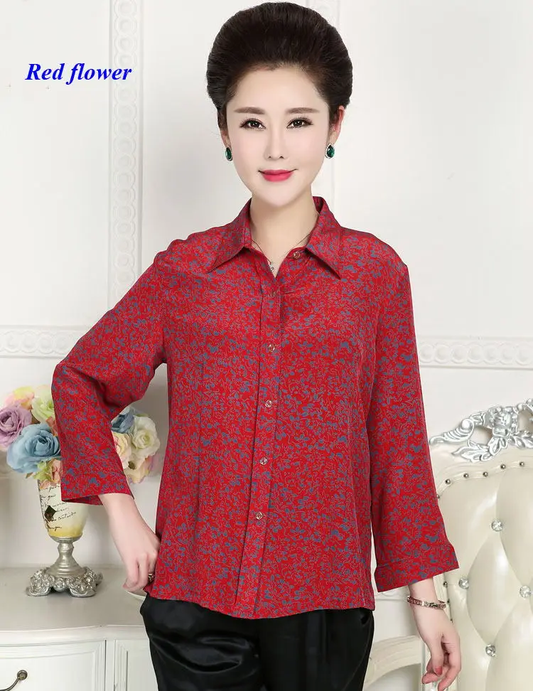 Lady Pure Zijde Crêpe-De-Chine Turn-Down Kraag Shirt, 100% Zijde Negen Mouwen Print Blouse Vrouwen, Met Gift Masker