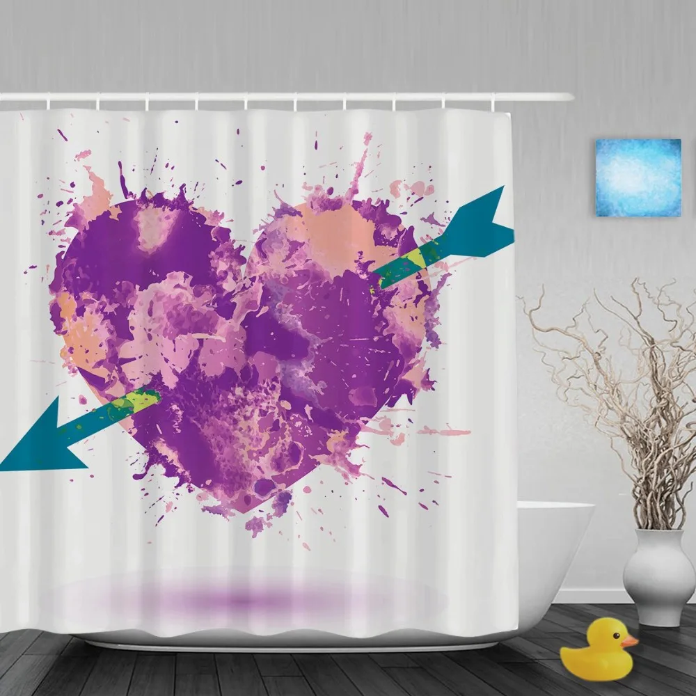 Valentine Wedding Bathroom Shower Curtains Splash Heart Arrow Fall In Love Shower Curtain Waterproof Polyester Fabric With Hooks