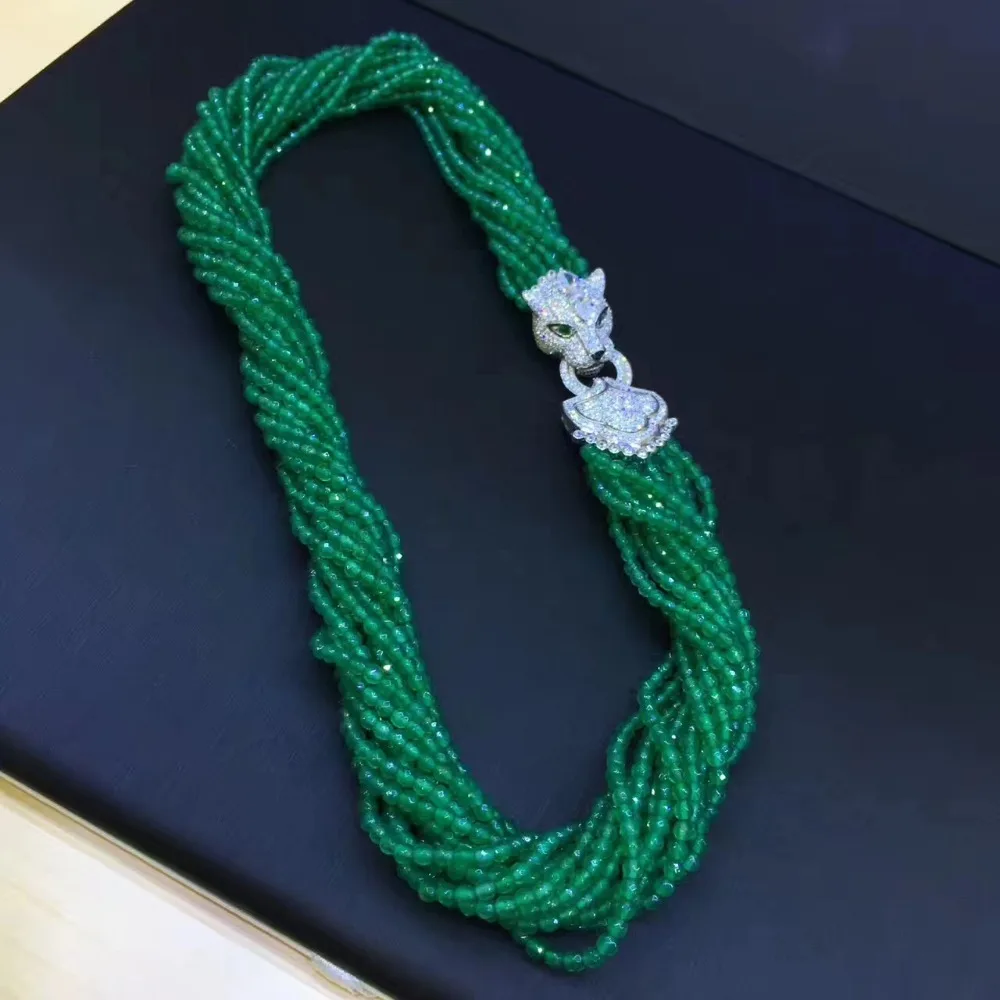 natural semi-precious stone chokers necklace  green color 925 sterling silver with cubic zircon leopard jewelry lock