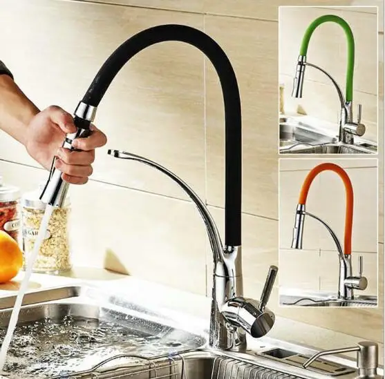 

Black and Chrome Finish Kitchen Faucet Kitchen Sink Faucet Deck Mount Pull Out Dual Sprayer Nozzle Hot Cold Mixer Water Taps