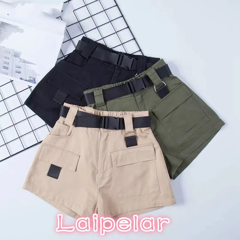 

Elastic high waist shorts for women black summer belt shorts vintage sexy cotton biker pocket shorts feminino