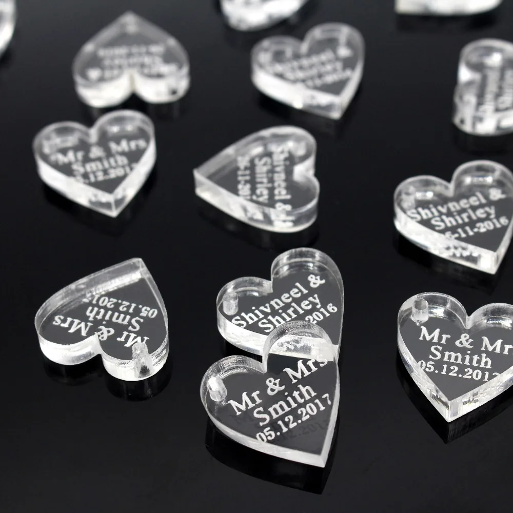 50 * Personalised Custom Wedding Wine Charm Gold / Silver Mirror / Clear / Wood Heart Label Tag Party Favors Gift Wedding Decor