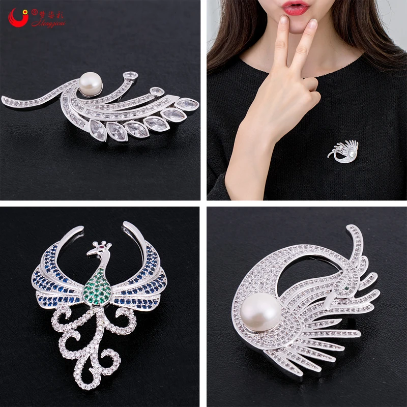 MZC Zircon Peacock Brooch Hummer Wood-nymph Broches Freshwater Pearls Femme Corsage Lapel Pin for Women Wedding Party  Gifts