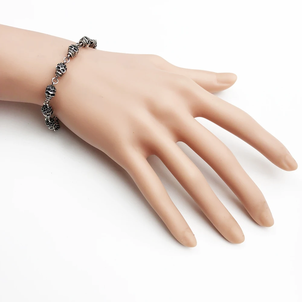 Bracelet Link Chain Skulls Pave with Black Zirconia Pure 925 Sterling Silver Punk Fine Jewelry Rebel Street Gift for Women Men