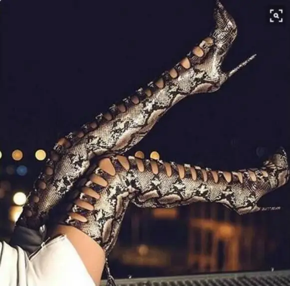 

Sexy Python Printed Leather Over The Knee Sandal Boots Lace-up Stiletto Heels Pointed Toe Tight High Boots Women