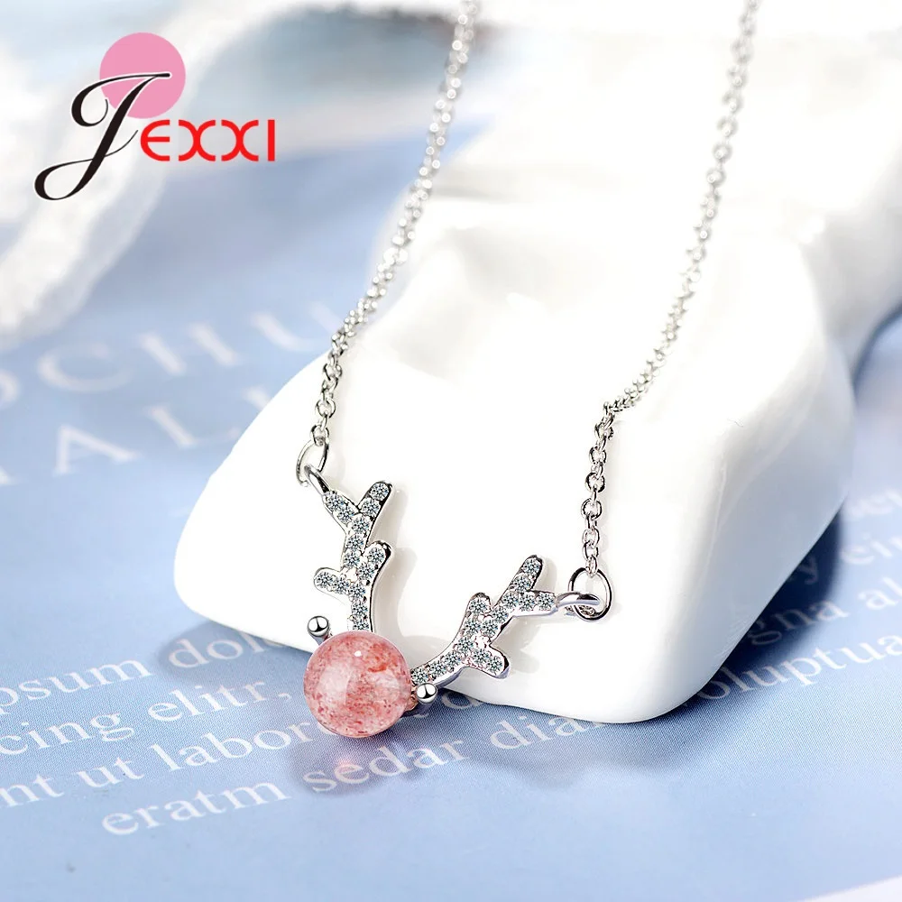 Wedding Party Women 925 Sterling Silver Strawberry Crystal Charms Antler Necklace Chain Breif Pendant Choker Bujioux Gift