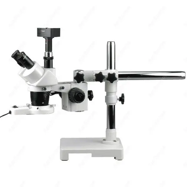 Stereo Boom Microscope-AmScope Supplies 20X & 40X Stereo Boom Microscope + Fluorescent Light + 5MP Camera