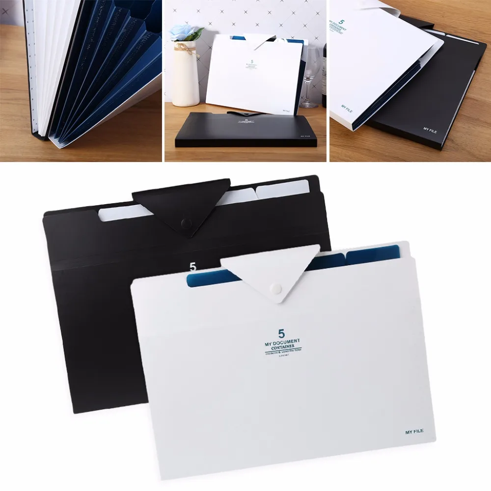 Carpeta de archivos expansible de 5 capas, bolsa organizadora A4, soporte de papel, bolsillo para archivo de documentos, negro/blanco