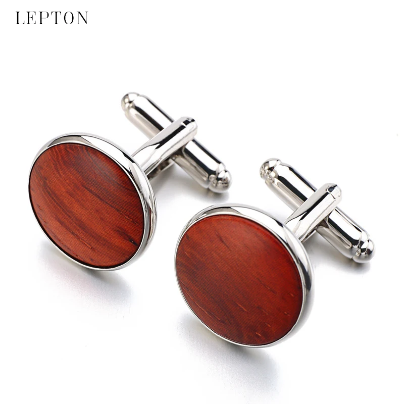 Lepton High Quality Round Wood Cufflinks tuxedo studs Sets Gold Color Plated  Mens cuff links Formal Business wedding Jewelry