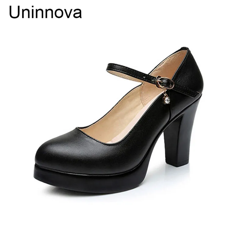 

Uninnova Women's Mary Janes Split Leather Platform High Heels Buckle Shallow Office Lady Pumps Court Shoes Plus Size32-43 WP062