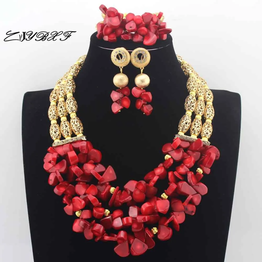 

ZJYBXF Marvelous Red Coral Beads Nigerian Bridal Jewelry Sets African Gold Beads Wedding Necklace Jewelry Set Free Ship L0078