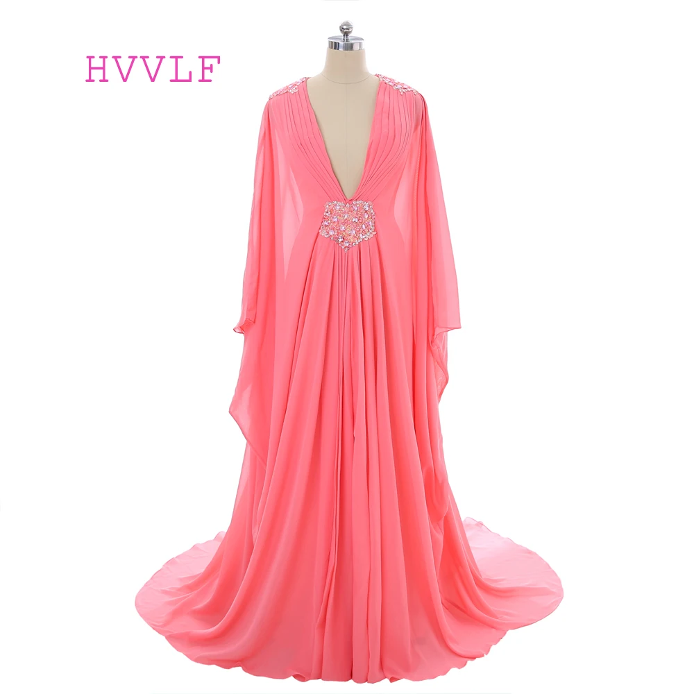 

Coral Muslim Evening Dresses A-line Long Sleeves Chiffon Beaded Islamic Dubai Abaya Kaftan Saudi Arabia Long Evening Gown