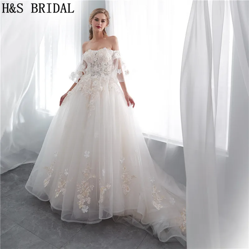 H & s bridal 오프 숄더 하프 슬리브 웨딩 드레스 우아한 레이스 아플리케 신부 드레스 vestidos de novia 2018