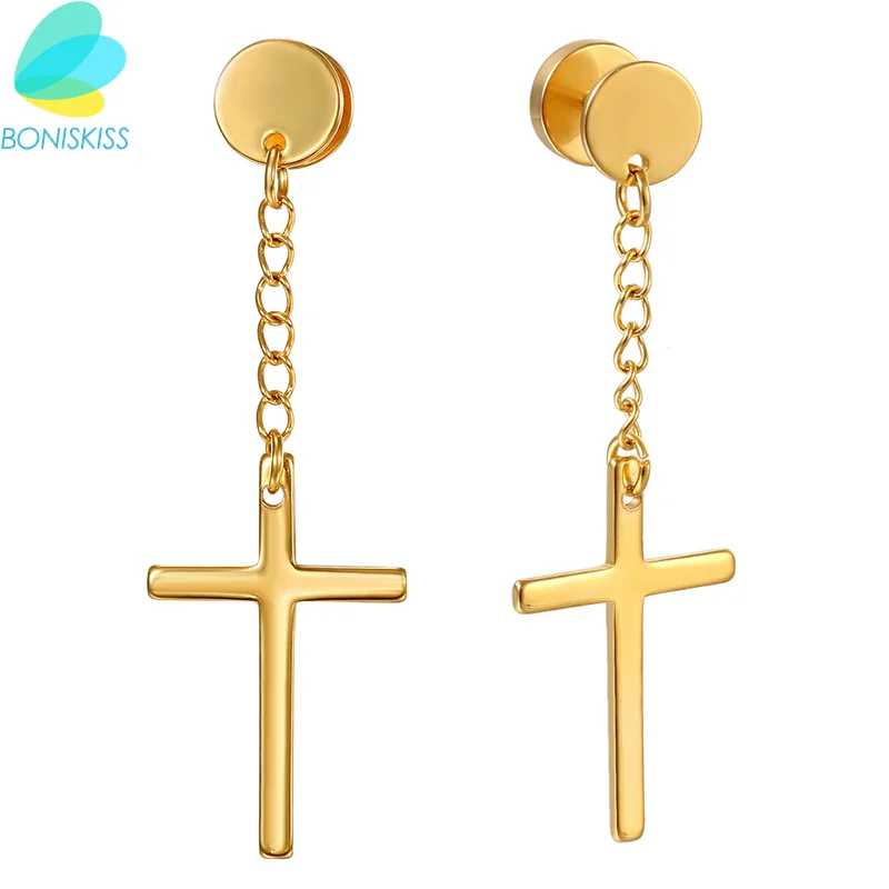 Boniskiss New Religion Type Cross Stud Earrings For Women Men Gold Color Stainless Steel Earring Jewelry Boucle D Oreille