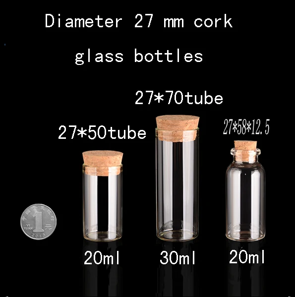 wholesale 200pcs/lot 20ml (27*58*12.5) transparent cute glass vials with wood plug long type