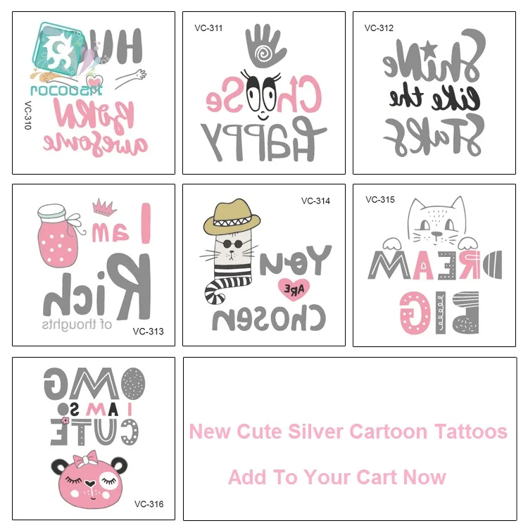 Rocooart VC Cute Cartoon Flash Tattoo Silver Lions Cats Temporary Tattoo Sticker For Body Art Tatuajes Children Face Fake Tattoo