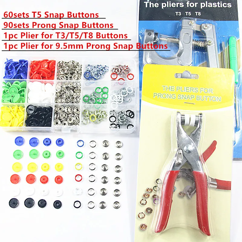 60sets T5 Plastic Resin Fasteners Press Stud Snap Button+90sets 9.5mm Prong Snap Buttons for Clothing+Machine Sewing Plier Tool