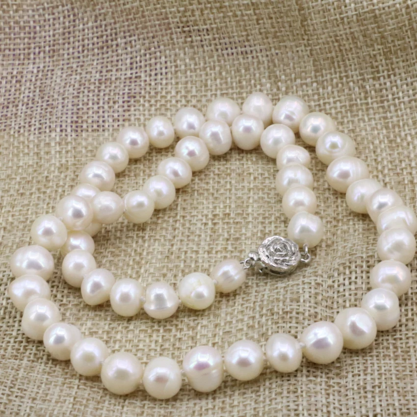 Charms chain necklace women mother gifts white natural 8-9mm freshwater cultured pearl beads choker collar jewelry 18inch B3235