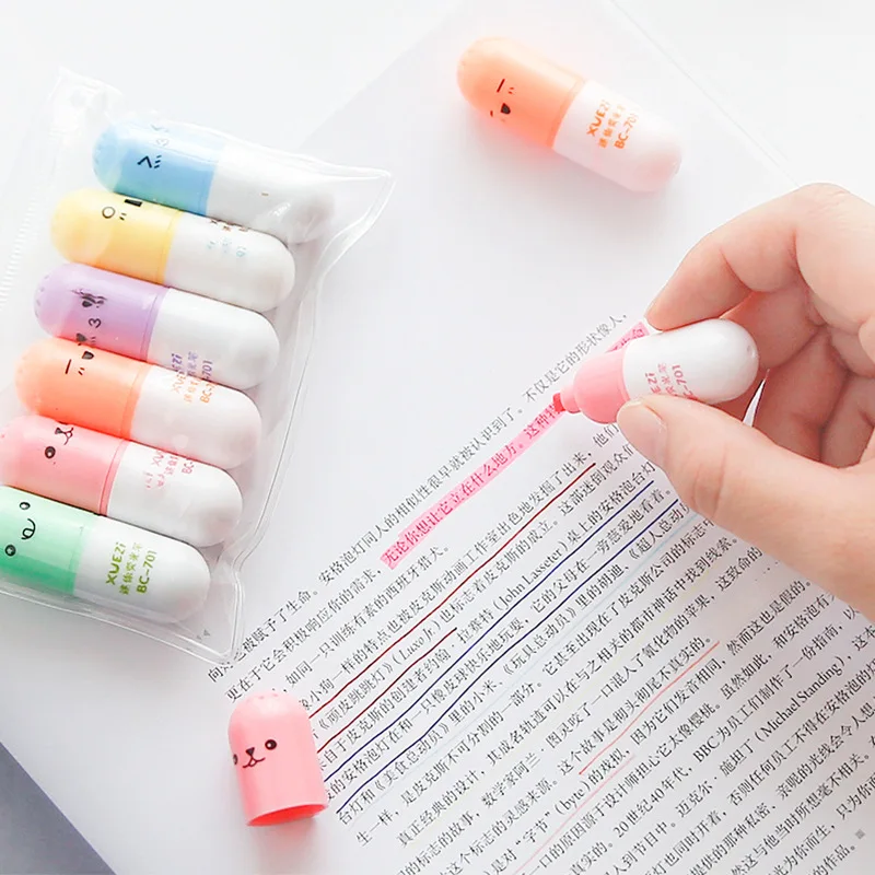 6 Pcs/lot Capsules Styling Highlighter Vitamin Pill Highlight Marker Color Pens Office Stationery School Supplies