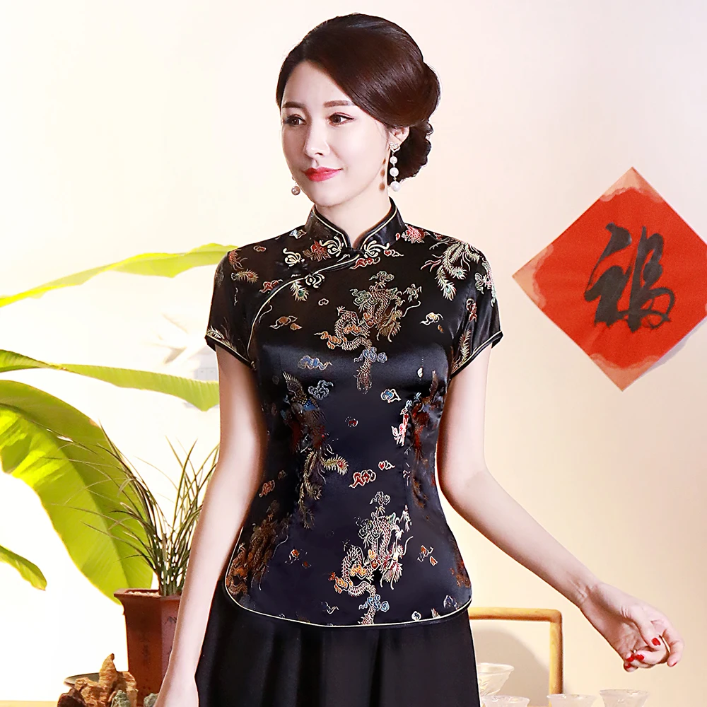 Gold Traditional Chinese Satin Blouse Summer New Sexy Short Sleeve Women Shirts Novelty Dragon&Button Top Clothing S-4XL