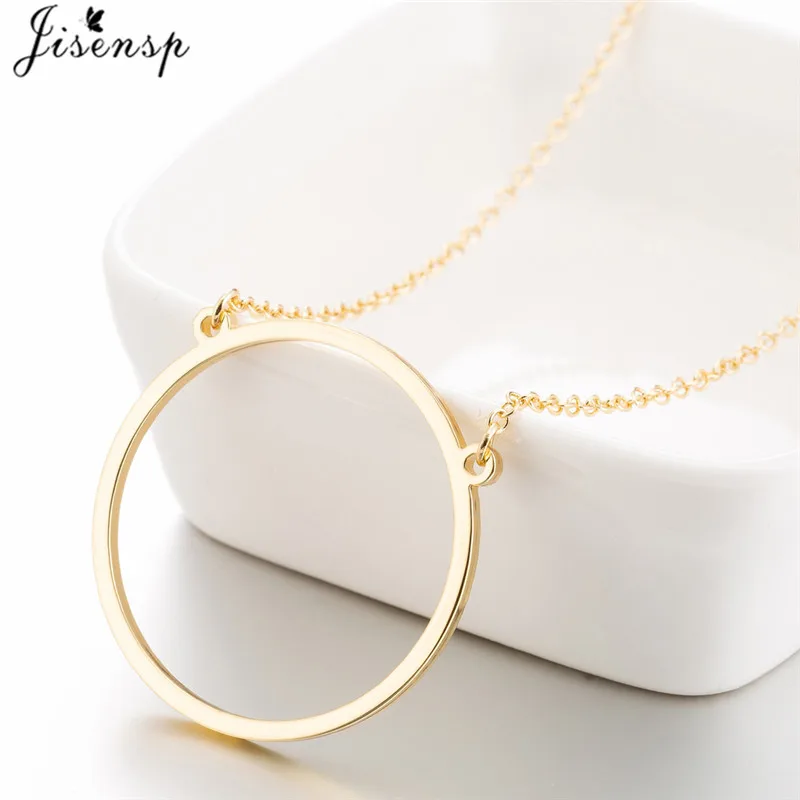 Jisensp Gold Stainless Steel Round Pendant Necklace for Women Simple Female Long Chain Geometric Karma Circle Necklace Jewelry