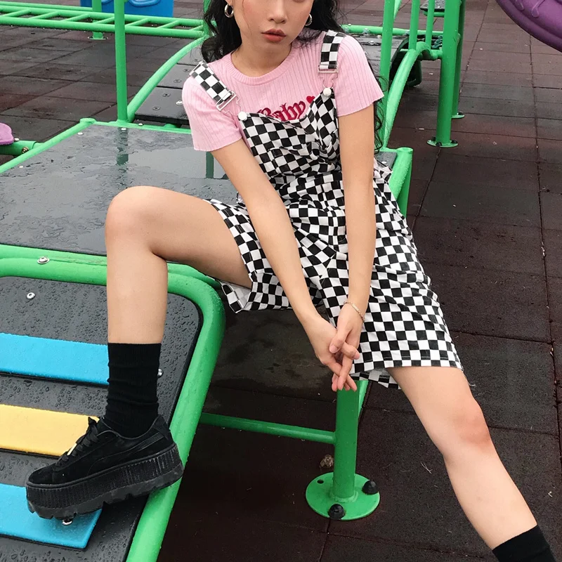 Checkerboard Women Men Overalls Casual Romper Plaid Jumpsuit Shorts Summer Backless Strap Checkered Female Black White Playsuit