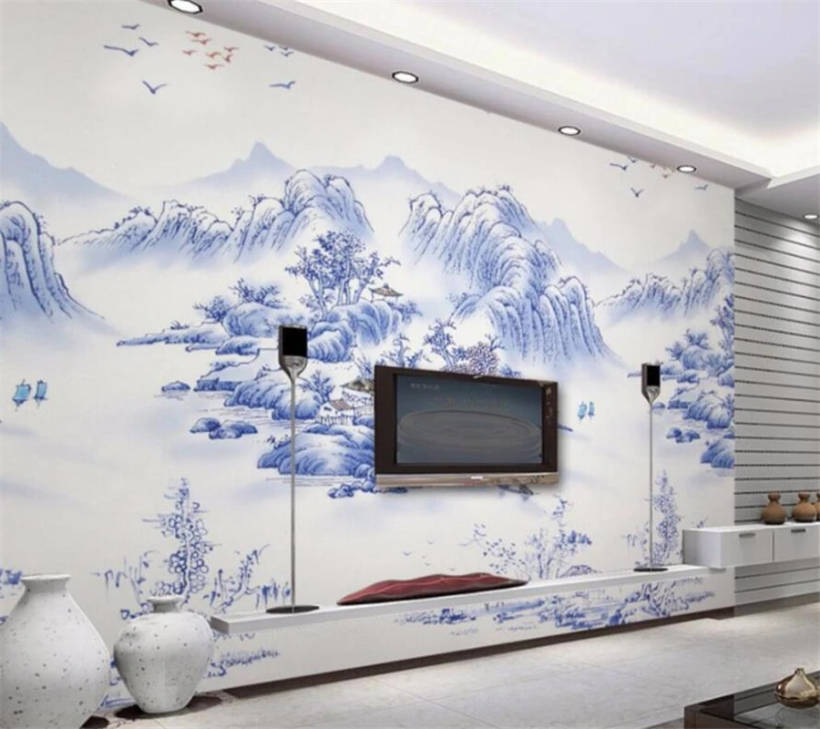 wellyu Custom wallpaper 3D giant landscape blue and white porcelain TV background wall tiles murals wallpaper 3d papel de parede