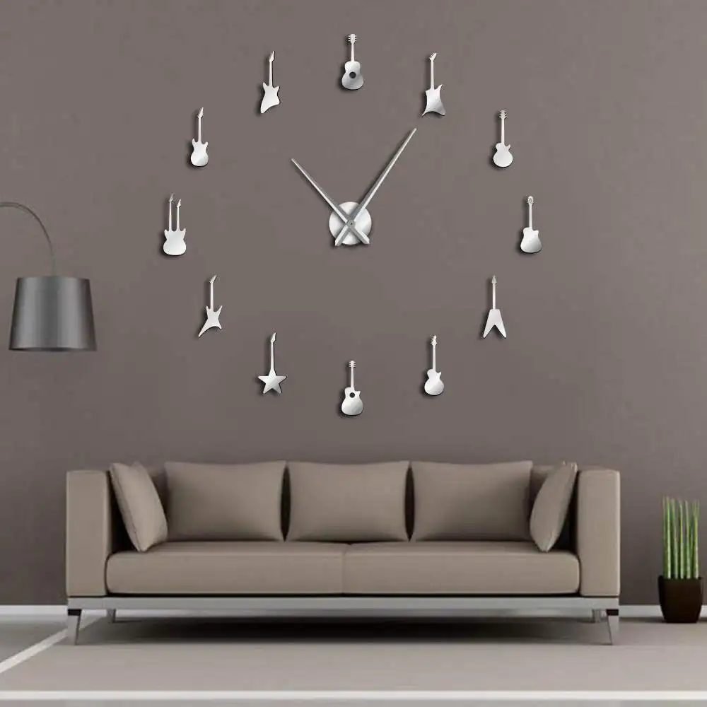 Guitar Variety Music DIY Giant Wall Clock Music Room Decor Frameless Big Needles Large Wall Clock Rock n Roll Guitar Wall Watch