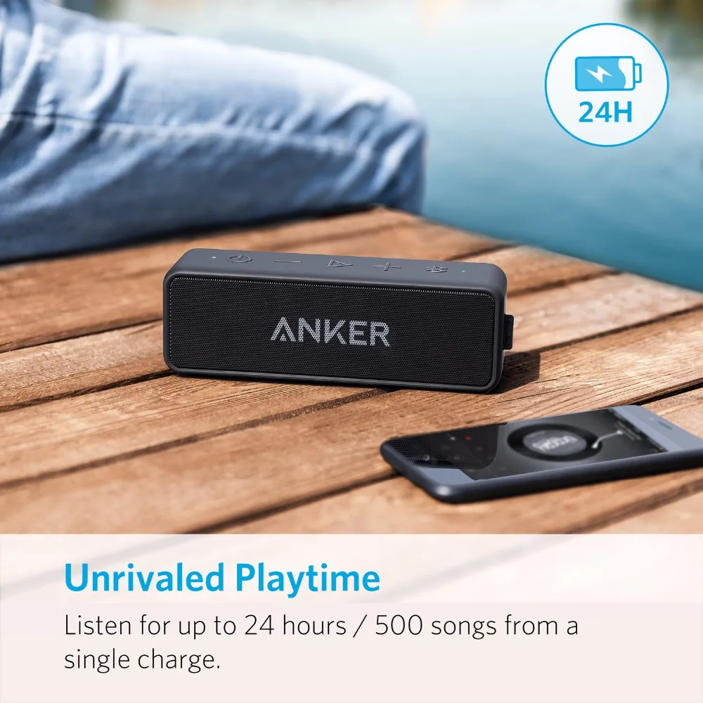 Anker Soundcore 2 휴대용 무선 블루투스 스피커, 더 나은 베이스, 24 시간 재생, 66ft 블루투스 범위, IPX7 방수