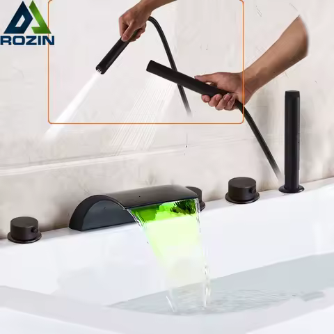 Bronze Black Waterfall Bathtub Faucet Led Light Bathtub Shower Mixer Set Deck Mounted 5pc Widespread Bath Tub Sink Faucet