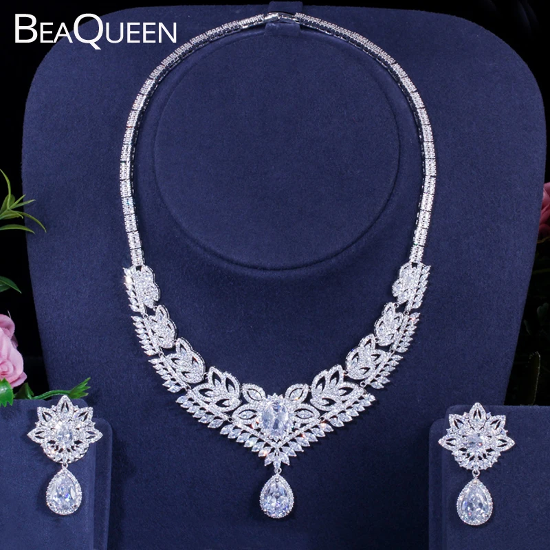 

BeaQueen Luxury Dubai Dress Jewelry Water Drop Cubic Zirconia Paved Flower Statement Earrings Necklace Sets for Wedding JS186