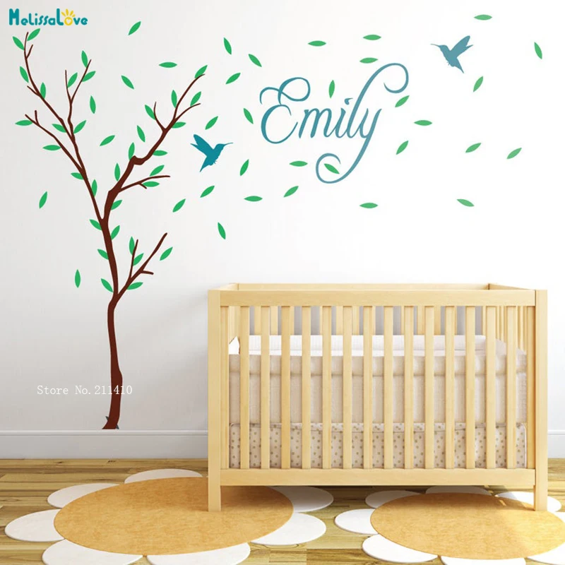 

Custom Color Tree Vinyl Wall Sticker Nursery Tree With Personalised Name And Birds Home Decor Children Decals Kids Poster YT1578