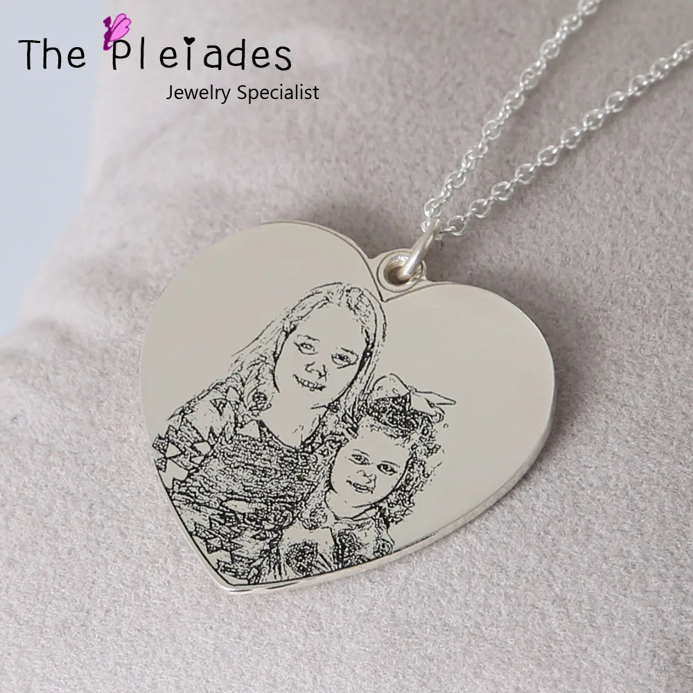 925 Solid Silver Photo Necklace Customized Heart Necklace Engraved Your Real Picture Keepsake Jewelry