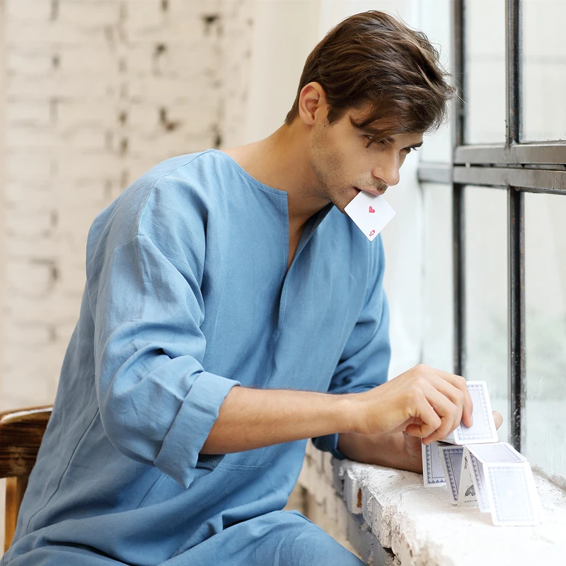Mens Natural Linen Cotton Ultra Long Floor Length Robes Bathrobes Lounge Wear Casual Kaftan Thobe V Neck Long Gown Caftan Tunic