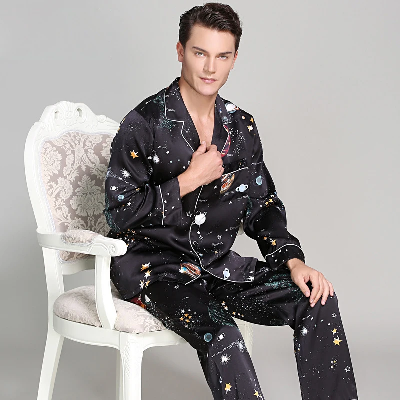 16 momme Starry sky 100% genuine silk pajamas sets men indoor stars noble Long sleeve quality silk sleepwear Male T9020