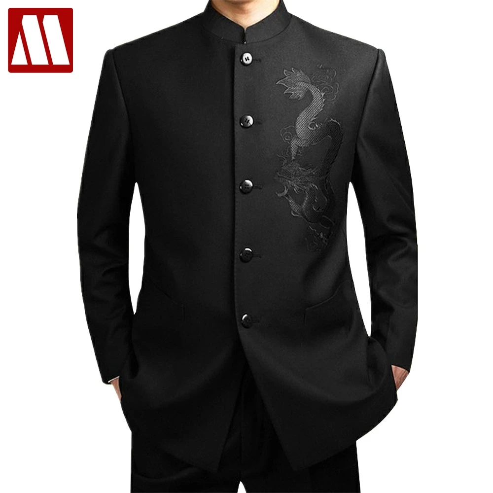 

Black Chinese Tunic Suit Men's Traditional Stand Collar Suits Apec Leader Costume Male Embroidery Dragon Totem Suit Big size 4XL