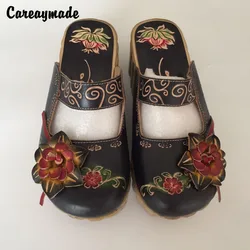 Careaymade-scarpe intagliate a mano in pura pelle bovina con strato di testa in stile Folk, le scarpe da ragazza mori di arte retrò, casual da donna Sandals1510-3