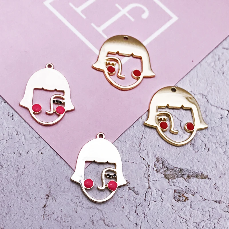 10pcs/lot Hollow-out Girls Face Charms Earring Making Golden Metal Ins Funny Shy Face Doll Pendant For Jewelry Accessories YZ145