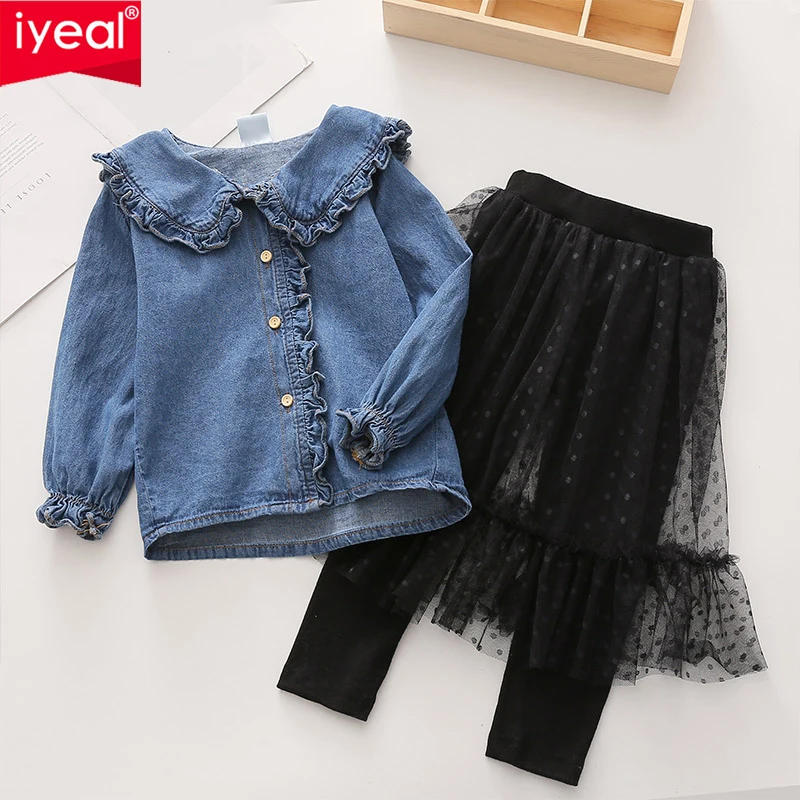 

IYEAL New Princess Girls Clothes Set Turn-down Collar Blue Jean Shirt + Tulle Skirt Pants 2 PCS for Children Kids Clothing 3-10T