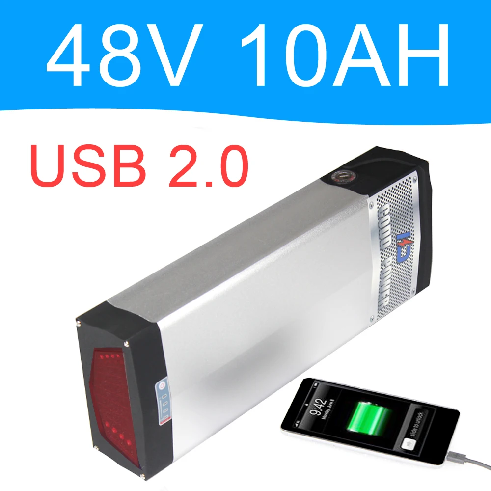 48V 500W Lithium Battery with 5V USB Port Aluminum alloy Rear rack Battery Pack 48V 10AH Electric bicycle battery