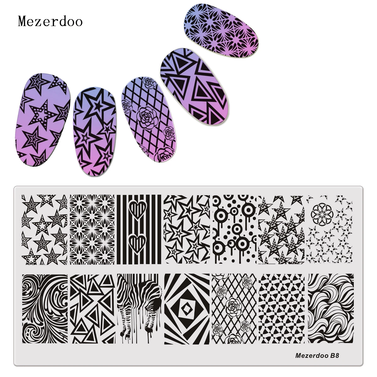 Mezerdoo Yıldız Desenleri Dikdörtgen tırnak yapıştırması Uzay Yıldız Ay Manikür DIY Nail Art Damga Şablon B8