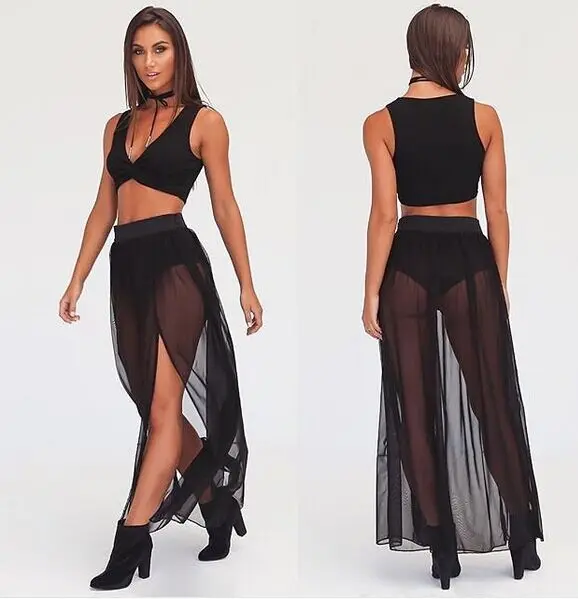 BKLD-Falda larga de malla transparente para mujer, traje de baño Sexy de cintura alta, Maxi faldas largas bohemias negras para playa, Verano