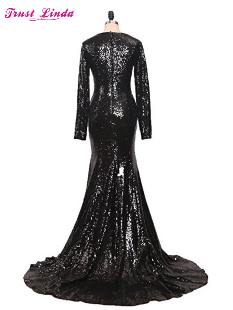 Real Photos V-neck Sample Black Sequined Long Sleeves Mermaid Mother dresses Elegant Prom Gowns Formal Celebrity Party Dresses